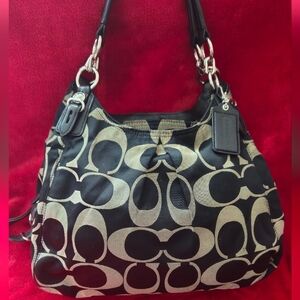 Coach Kristin Signature Black & Cream Canvas Hobo Bag